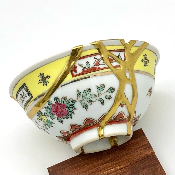 Kintsugi Bowl Chinese Jingdezen Floral Gold Crack Japanese Personal Growth Gift - Picture 6 of 17